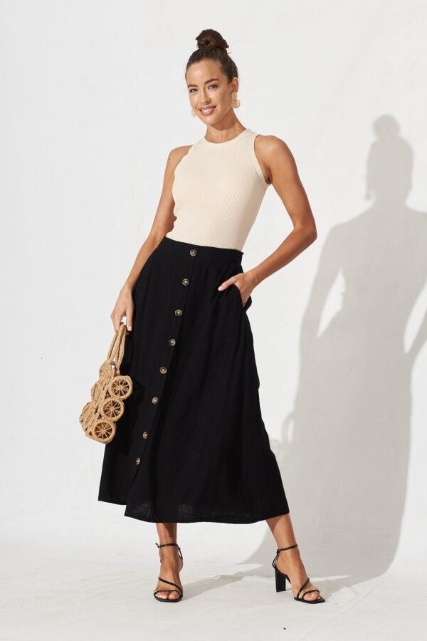 Midi Skirt In Black Linen Blend