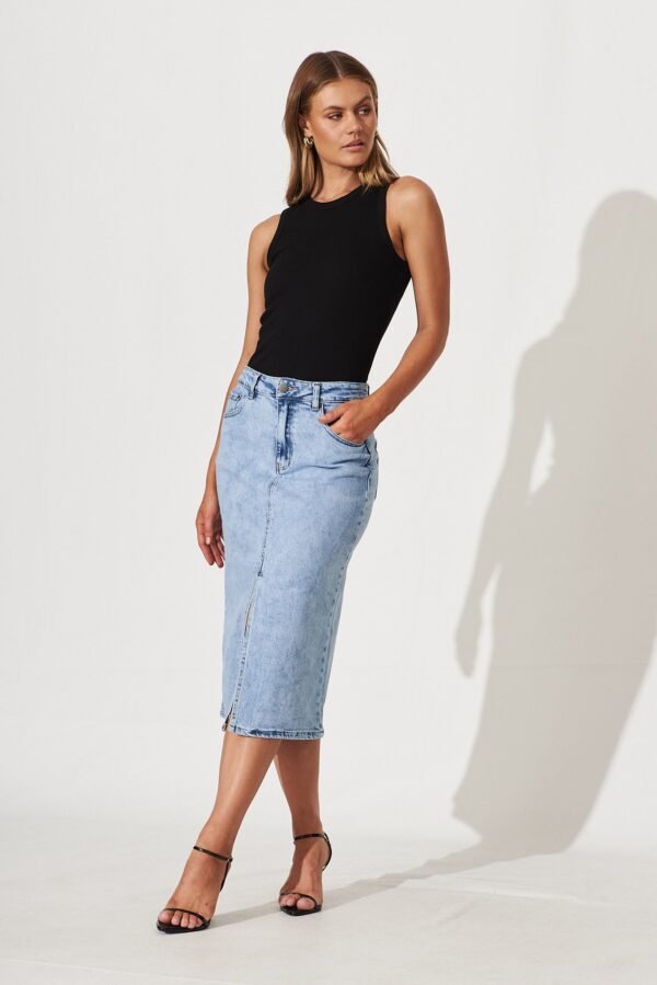Midi Stretch Denim Skirt In Light Blue Wash - Image 3