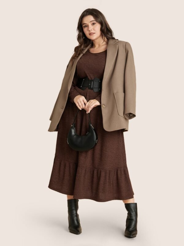 Solid Pocket Rib Knit Ruffle Hem Dress Without Belt - Image 49