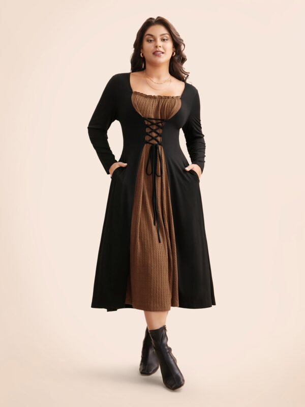 Square Neck Textured Patchwork Crisscross Dress - Image 9