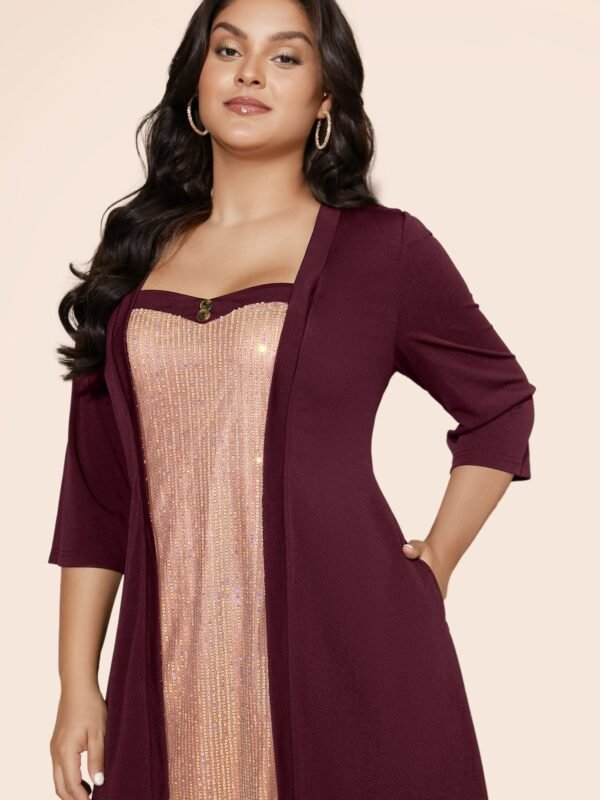 Heart Neckline Patchwork Sequin Button Detail Dress - Image 39