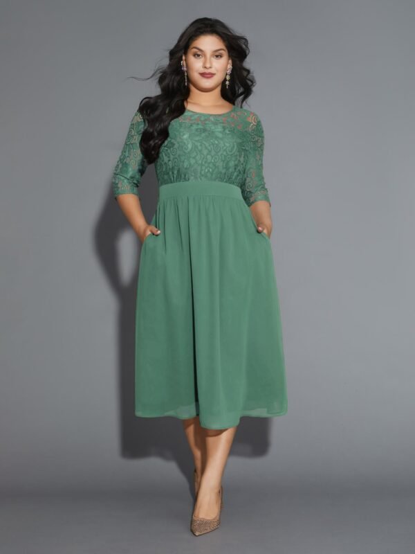 Lace Patchwork Shirred Midi Pocket Dress - Image 30