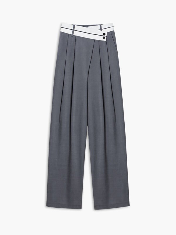 Asymmetrical Contrast Waistband Wide Leg Dress Pants - Image 6