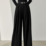 Solid Belted Pleated Wide Leg Pants - Image 3