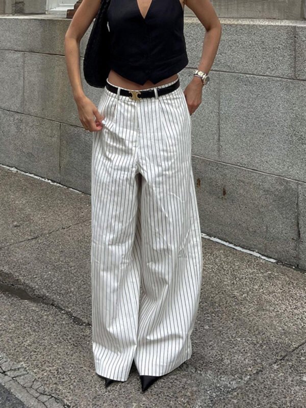 Striped Pockets Wide Leg Pants Without Belt - Image 2