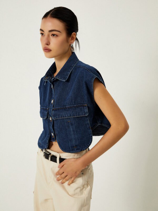 Denim Pockets Turn Down Collar Vest - Image 6