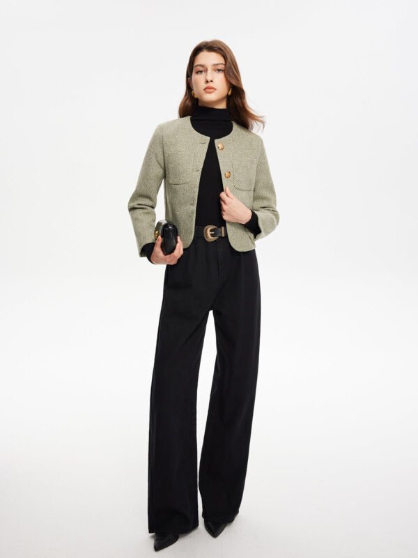 Round Neck Pockets Tweed Jacket - Image 3