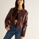 Crew Neck PU Leather Short Blazer - Image 5