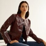 Crew Neck PU Leather Short Blazer